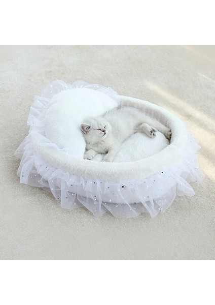 Beyaz Stil 53X40CM Yuvarlak Kedi Yatak Ev Yumuşak Dantel Prenses Kedi Mat Yatak Kulübeleri Yuva Yastık Pet Kanepe Yastık Taşınabilir Evcil Hayvanlar Uyku Malzemeleri (Yurt Dışından)