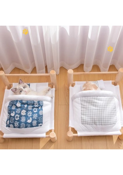 Gri Tarzı 53X47X26CM Japon Kedi Yatağı Kediler Için Yükseltilmiş Yatak Küçük Köpekler Ahşap Pet Şezlong Evi Kış Sıcak Yavru Kedi Yuvası Çıkarılabilir Uyku Tulumu Kulübesi (Yurt Dışından)