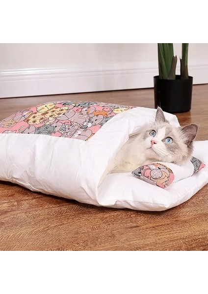Pembe Miyav Tarzı S 45X30CM Kedi Uyku Tulumu Sarılmak Mağara Yatak Köpek Yatakları Kış Kendinden Isınma Pet House Yastık ile Japon Futon Yavru Küçük Yavru Köpekler Için (Yurt Dışından)