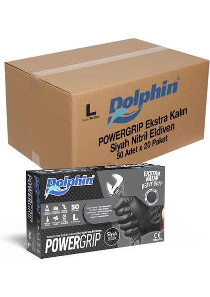 PowerGrip Ekstra Kalın Siyah Nitril Eldiven Elmas Dokulu L 50 Adet x 20 Paket - Koli