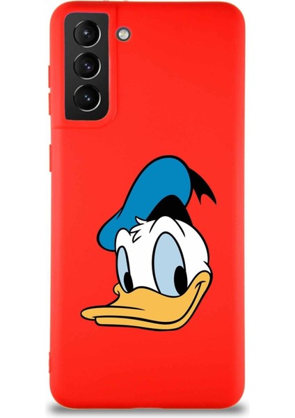Samsung Galaxy S21 Plus Soft Premier Kapak Donald Duck-B Tasarımlı Silikon Kılıf - Kırmızı