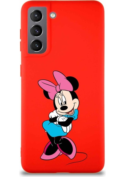 Samsung Galaxy S21 Soft Premier Kapak Minnie Mouse-D Tasarımlı Silikon Kılıf - Kırmızı
