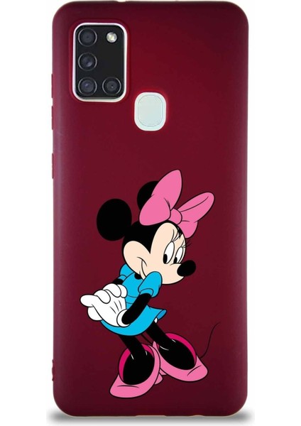 Samsung Galaxy A21S Soft Premier Kapak Minnie Mouse-F Tasarımlı Silikon Kılıf - Mürdüm