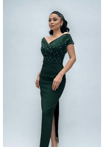Babel Kumaş Kayık Yaka Inci Detaylı Kalem Elbise - Zümrüt Yeşil fiyatları