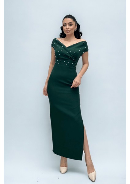 Babel Kumaş Kayık Yaka Inci Detaylı Kalem Elbise - Zümrüt Yeşil modelleri