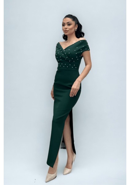 Babel Kumaş Kayık Yaka Inci Detaylı Kalem Elbise - Zümrüt Yeşil fırsatları