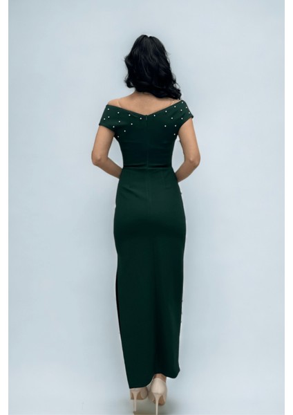 Babel Kumaş Kayık Yaka Inci Detaylı Kalem Elbise - Zümrüt Yeşil indirimleri