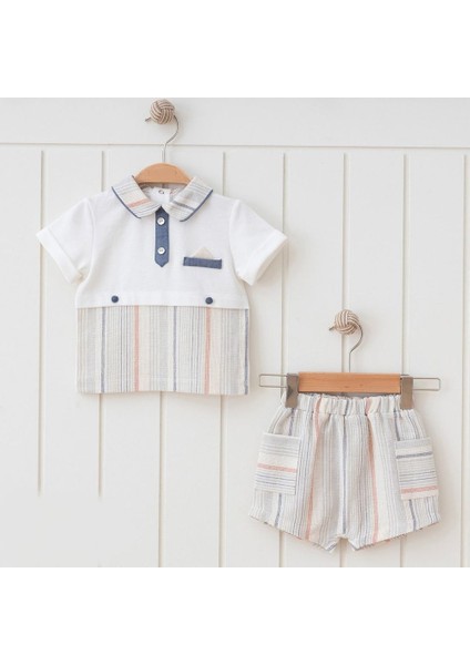 5611BY Erkek Bebek Renkli Çizgili Ikili Bej Şort Takım