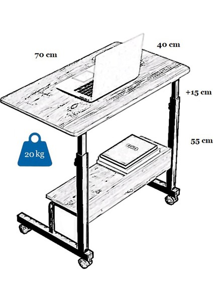 Yükseklik Ayarlı Raflı Laptop Sehpası ve Çalışma Masası - Antrasit (Tekerli) 70X40