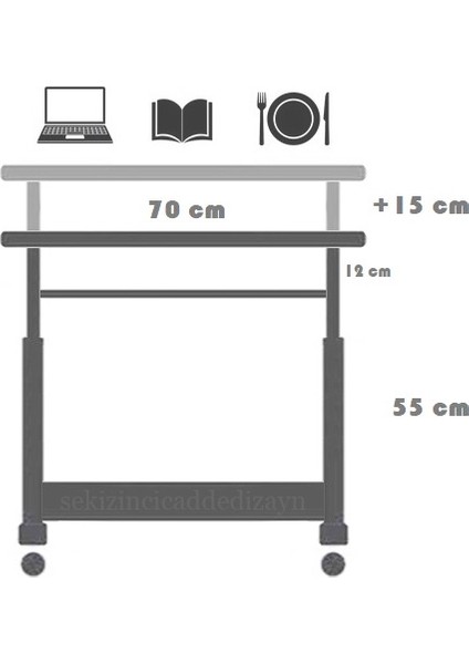 Yükseklik Ayarlı ve Klavyelikli Laptop Sehpası ve Çalışma Masası - Ceviz (Tekerli) Oval Kenar