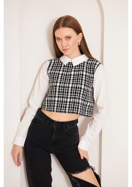 Siyah Tweed Gömlek Yaka Crop Bluz DM9002 indirimleri