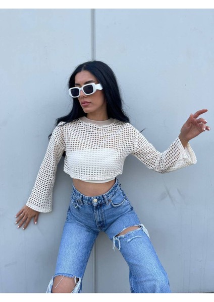 Kadın Krem Renk Dantelli Crop modelleri