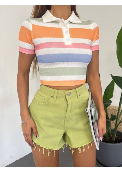 Kadın Ince Burgu Kumaş Polo Yaka Çizgili Crop Bluz indirimleri