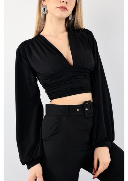 Kadın Siyah Sandy Kumaş V Yaka Balon Kollu Bluz