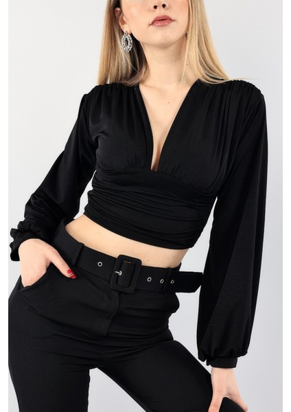 Kadın Siyah Sandy Kumaş V Yaka Balon Kollu Bluz fiyatları