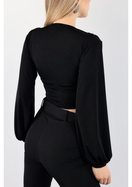 Kadın Siyah Sandy Kumaş V Yaka Balon Kollu Bluz modelleri