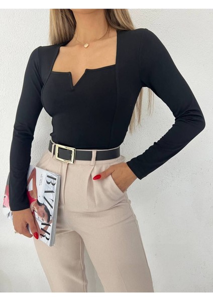 Kadın Siyah Sandy Kumaş Uzun Kol Kare Yaka Crop Bluz modelleri