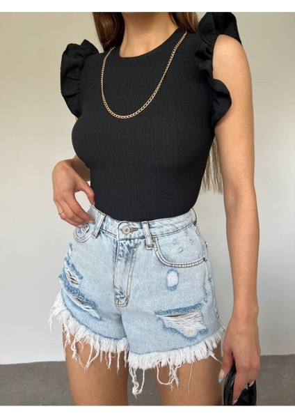 Kadın Siyah Okyanus Kumaş Zincir Detay Kolu Valonlu Crop