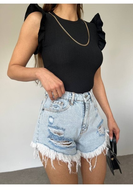 Kadın Siyah Okyanus Kumaş Zincir Detay Kolu Valonlu Crop fiyatları