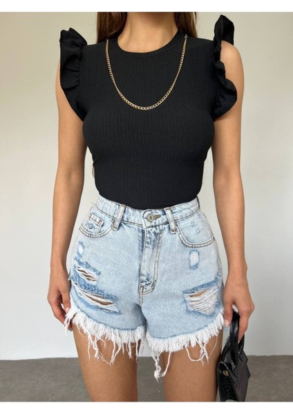 Kadın Siyah Okyanus Kumaş Zincir Detay Kolu Valonlu Crop modelleri