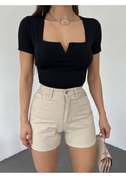 Kadın Siyah Kare Yaka Sandy Kumaş Crop Bluz