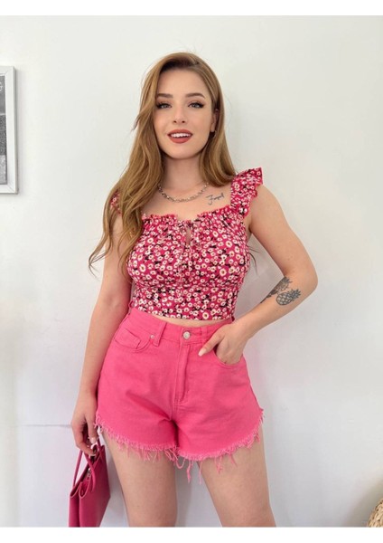 Kadın Mavi Çiçek Desenli Mini Crop fiyatları