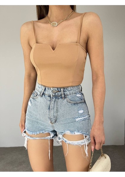 Kadın Bej Scuba Crep Kumaş Mini Crop