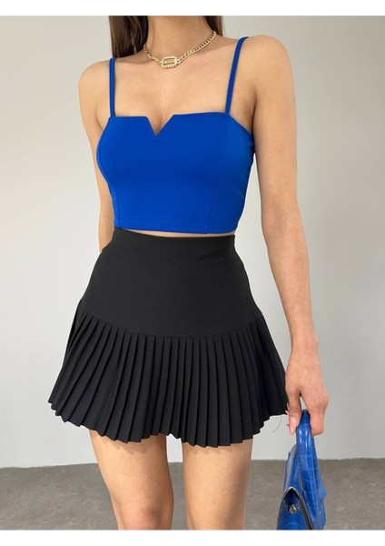 Kadın Mavi Scuba Crep Kumaş Mini Crop