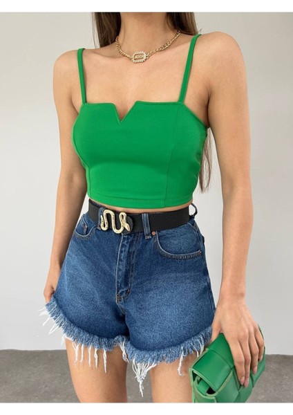 Kadın Yeşil Scuba Crep Kumaş Mini Crop