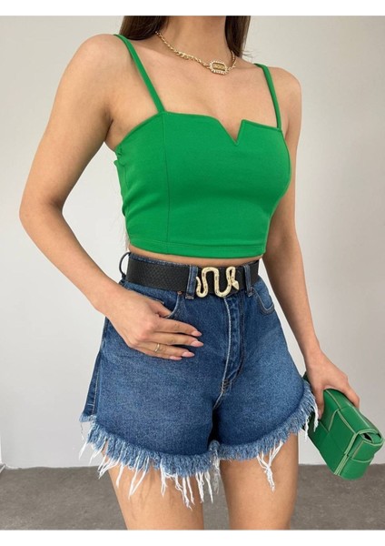 Kadın Yeşil Scuba Crep Kumaş Mini Crop fırsatları