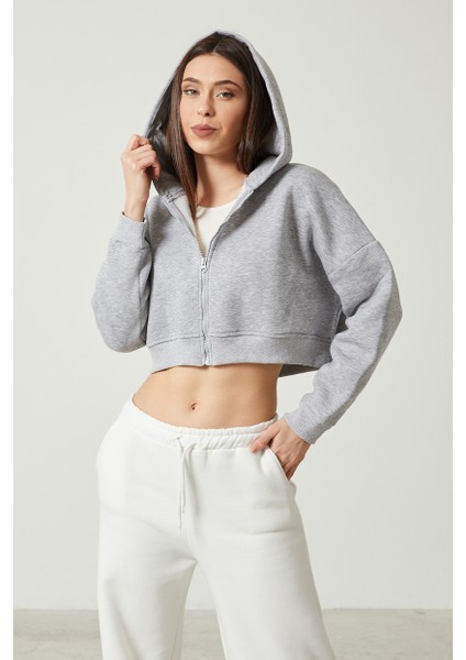 Kadın Basic Fermuarlı Kapüşonlu Crop Kalın Içi Polarlı Örme Sweatshirt