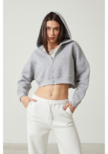 Kadın Basic Fermuarlı Kapüşonlu Crop Kalın Içi Polarlı Örme Sweatshirt