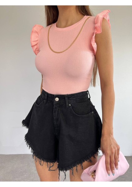 Kadın Pembe Okyanus Kumaş Zincir Detay Kolu Valonlu Crop modelleri
