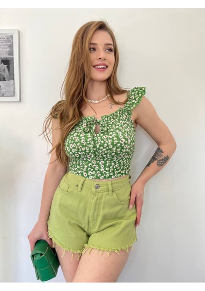 Kadın Yeşil Çiçek Desenli Mini Crop