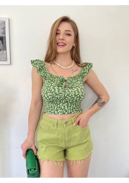 Kadın Yeşil Çiçek Desenli Mini Crop fiyatları