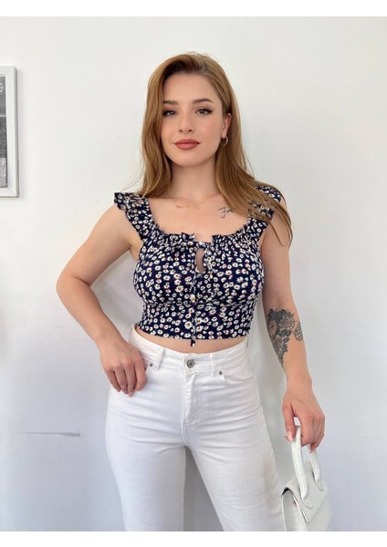 Kadın Mavi Çiçek Desenli Mini Crop