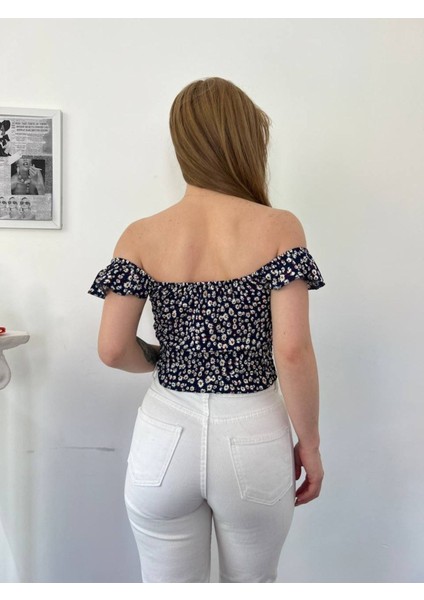 Kadın Mavi Çiçek Desenli Mini Crop modelleri