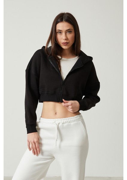 Kadın Basic Fermuarlı Kapüşonlu Crop Kalın Içi Polarlı Örme Sweatshirt