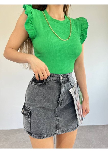 Kadın Yeşil Okyanus Kumaş Zincir Detay Kolu Valonlu Crop