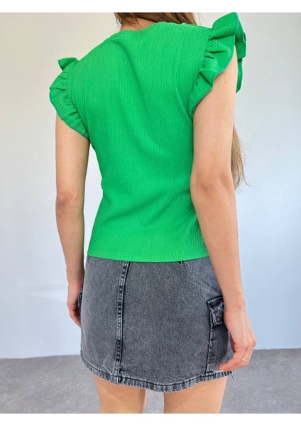 Kadın Yeşil Okyanus Kumaş Zincir Detay Kolu Valonlu Crop fırsatları