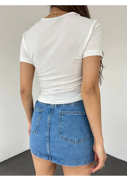 Kadın Beyaz Sandy Kumaş Kare Yaka Crop Bluz modelleri