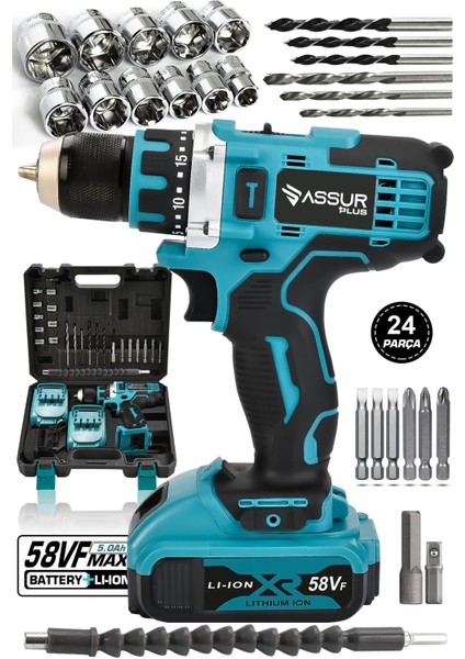 Tekno Trust 36 Volt Assur Plus Profesional 58 Vf Çelik Şanzıman 24 Parça Şarjlı Matkap Set Kablosuz 2'li 24 Wat