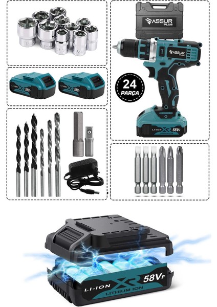 Tekno Trust 36 Volt Assur Plus Profesional 58 Vf Çelik Şanzıman 24 Parça Şarjlı Matkap Set Kablosuz 2'li 24 Wat modelleri