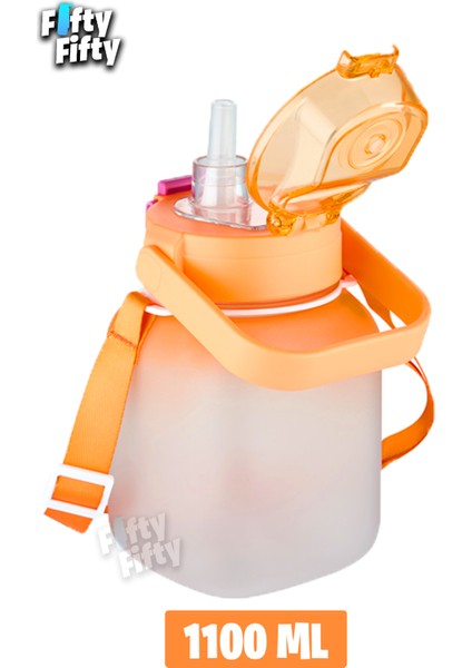 Tritan 1100 ml Çocuk Askılı Pipetli pipetsiz Kullanım Su Matarası Çıkartma Hediyeli
