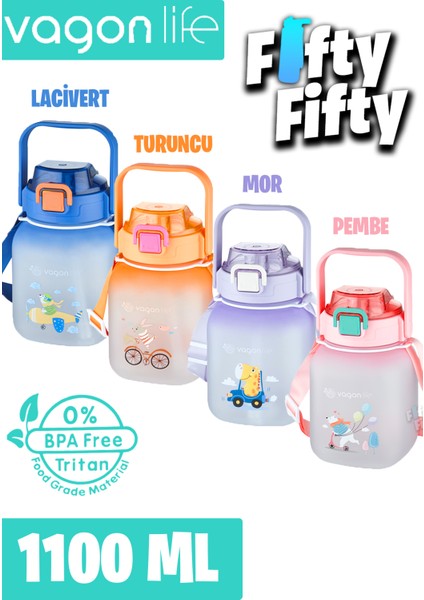 Tritan 1100 ml Çocuk Askılı Pipetli pipetsiz Kullanım Su Matarası Çıkartma Hediyeli