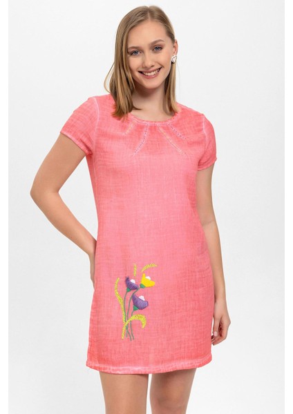 Pembe Şile Bezi Çiçek Işlemeli Kısa Kollu Yazlık Astarsız Plaj Pamuklu Elbise