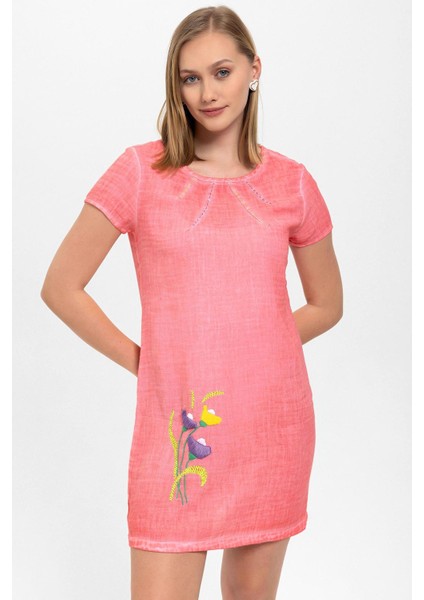 Pembe Şile Bezi Çiçek Işlemeli Kısa Kollu Yazlık Astarsız Plaj Pamuklu Elbise fiyatları