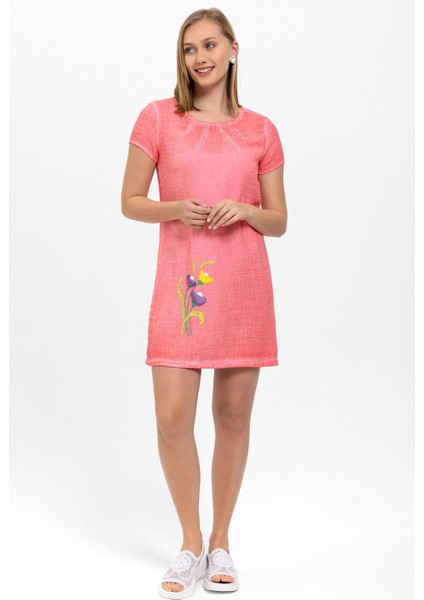 Pembe Şile Bezi Çiçek Işlemeli Kısa Kollu Yazlık Astarsız Plaj Pamuklu Elbise modelleri