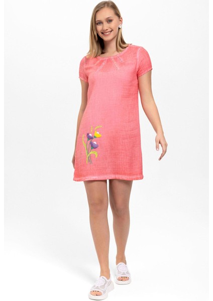Pembe Şile Bezi Çiçek Işlemeli Kısa Kollu Yazlık Astarsız Plaj Pamuklu Elbise fırsatları