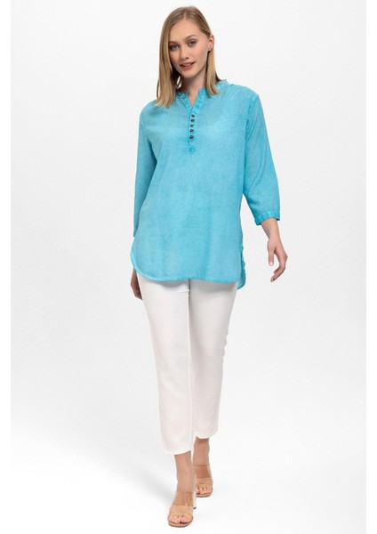 Mavi Düğmeli Truvakar Kolu Şile Bezi Sıfır Yaka Pamuklu Bluz